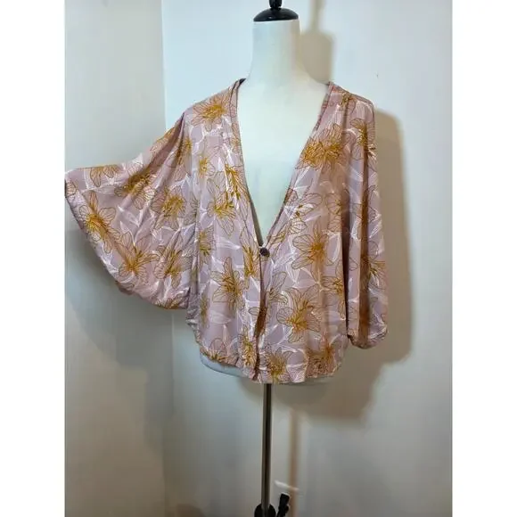 Vintage Hawaii Floral Kimono Top Size L/XL Pink Tropical Cover Up Boho Flowy - Picture 2 of 8